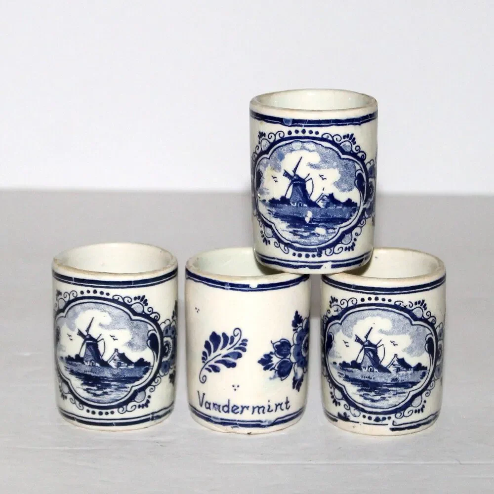 Vintage Vandermint Delft Ceramic Shot Glass Set of 4 Holland white blue